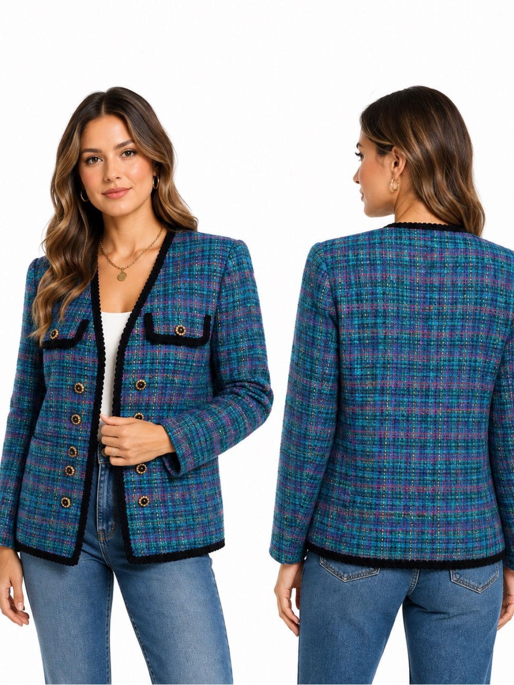 Vintage Multicolor Tweed Jacket Gold Buttons Black Trim 90s Chic Polished Size 8